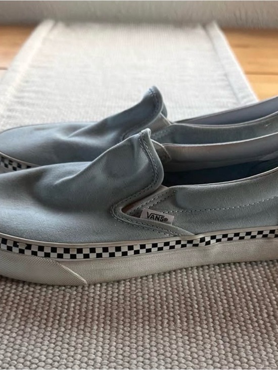 Vans Shoes - Vans Light Blue Slip-On Sneakers with Checkerboard Stripe